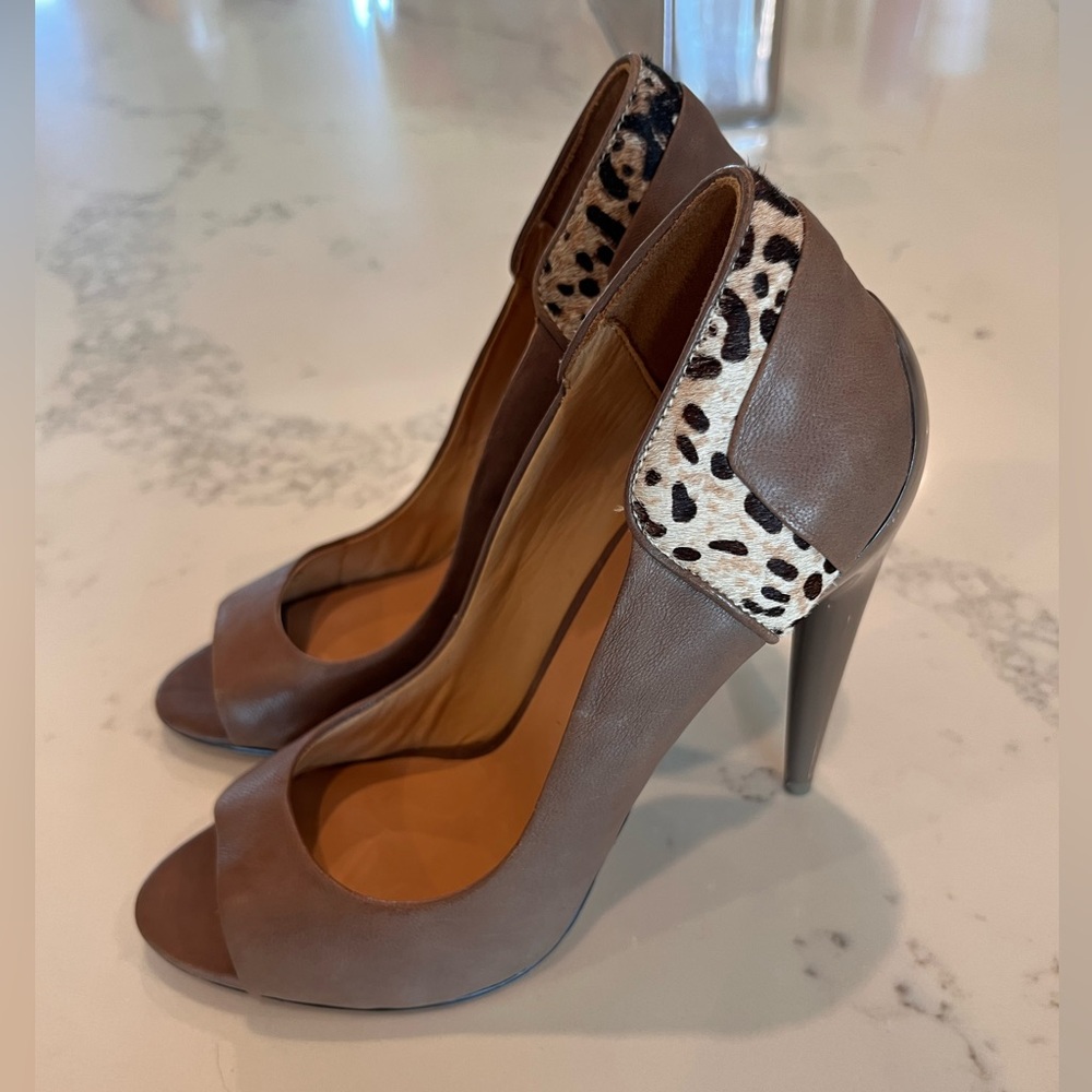 L.A.M.B. Dora Taupe Leather Peep Toe Heels